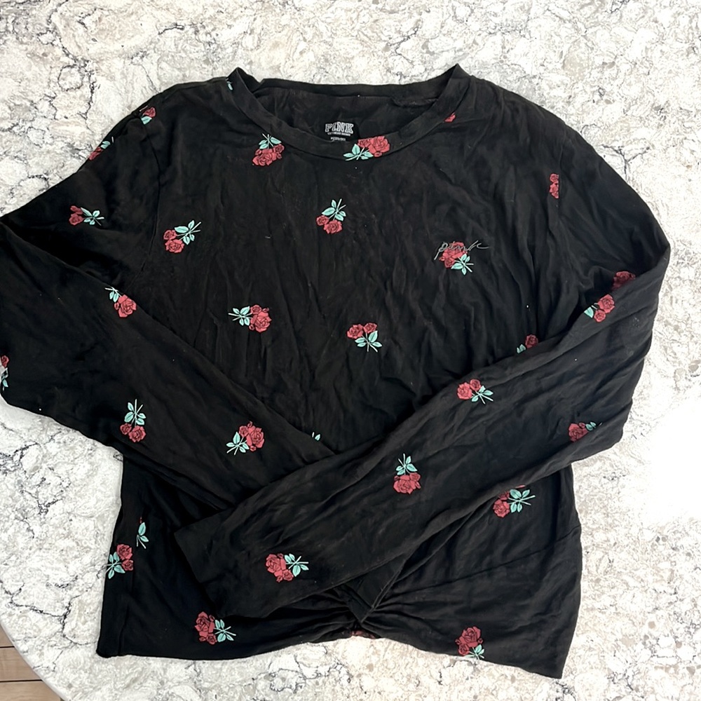 Pink rose and black long sleeved shirt